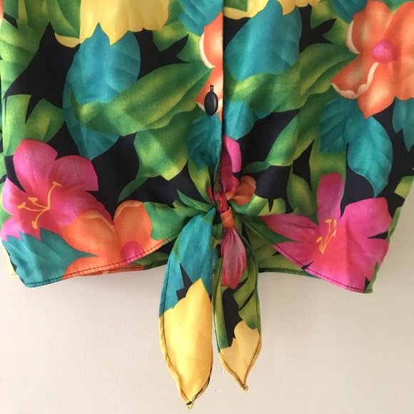 Vintage 90s Hawaiian Tropical Floral Tie-Waist Buttonup Cropped Blouse Sz Large - Picture 4 of 6